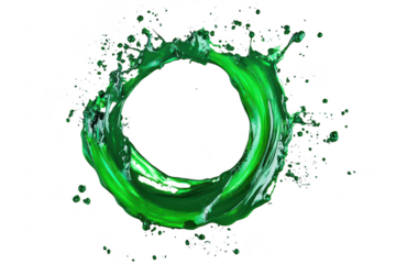 A splash of green paint forming a circular shape against a white background. capturing the dynamic motion of the paint and its fluidity. ideal for creative projects and design use