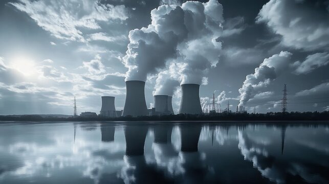 Large cooling towers and electricity pylons billowing steam above a reflective body of water under a dramatic cloudy sky, conveying ominous industrial solitude