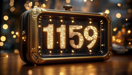 ornate gold tabletop clock showing 11:59 with sparkling illuminated numbers and warm bokeh lights, evoking anticipation and festive celebration