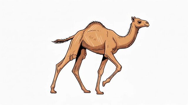Animated Camel Walking on White Background, Cartoon Style Illustration