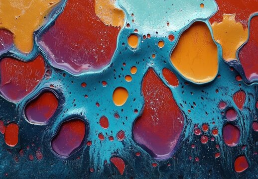 vibrant abstract pools of teal, orange, and red paint with glossy droplets and organic flowing textures, energetic and dynamic
