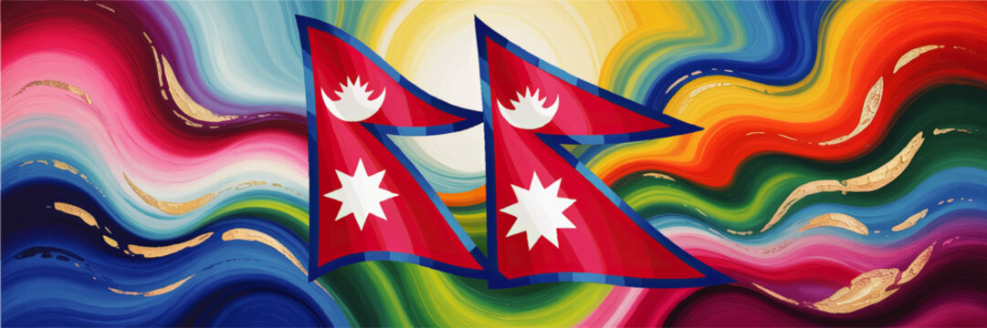 Vibrant Nepal flag abstract painting on colorful wavy background, modern patriotic art with rainbow swirls and golden texture