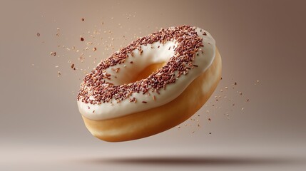 Delectable Donut Delight: An enticing donut, adorned with a creamy glaze and chocolate sprinkles, suspended in mid-air, offering a taste of pure indulgence and tempting appeal.