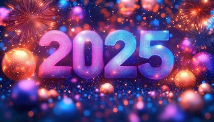 Large glittery 2025 numbers surrounded by colorful bokeh lights, shimmering baubles and fireworks conveying festive excitement and hopeful celebration