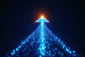 Glowing arrow of blue particles with bright orange tip pointing upward on a dark background, conveying futuristic motion and hopeful ascent