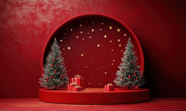 Two frosted evergreen trees with red baubles flanking wrapped red and gold gifts on a round red stage with gold star backdrop, festive and elegant