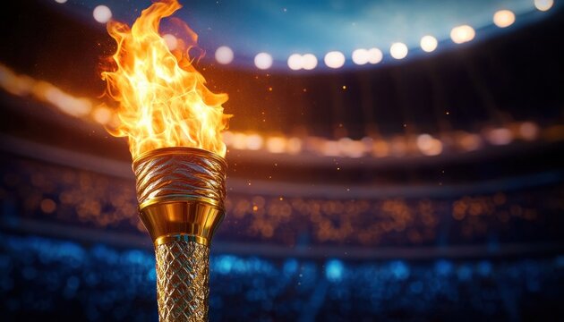 golden ceremonial torch burning with bright flame in a packed illuminated stadium, evoking triumph and celebration