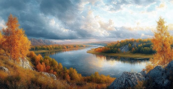 Serene autumn river winding through golden trees and rocky foreground with reflective water under a dramatic cloudy sky over distant hills - Powered by Adobe