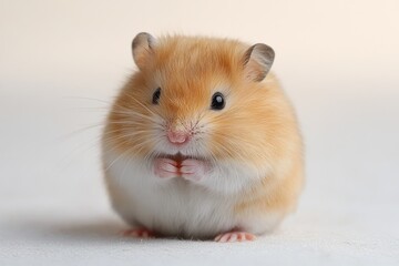 round fluffy golden hamster with tiny ears, whiskers and pink paws sitting on a soft neutral surface, calm and adorable