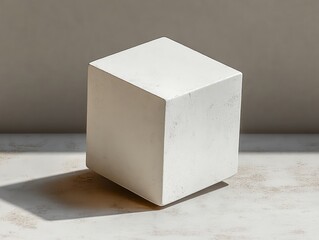 White textured cube on dusty surface casting soft shadow in minimalist calm setting