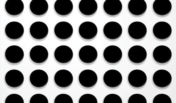 rows of black circular discs casting soft shadows on a white background, minimalist orderly pattern evoking calm and rhythmic repetition