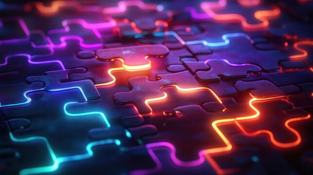 Close-up of glossy interlocking jigsaw puzzle pieces with neon glowing seams in vibrant futuristic colors, energetic and mysterious mood