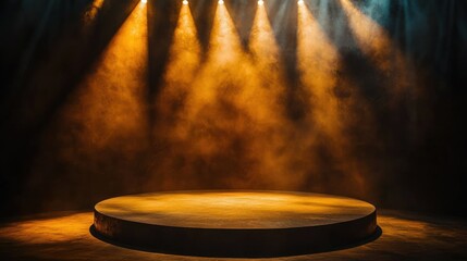 Obraz premium Empty circular stage bathed in warm golden spotlights and smoky haze, dramatic theatrical atmosphere