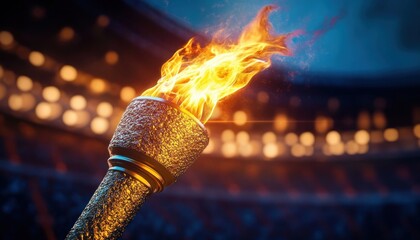 Close-up of a flaming ceremonial torch with bright fire in a packed stadium at night, conveying triumph, excitement and fiery energy