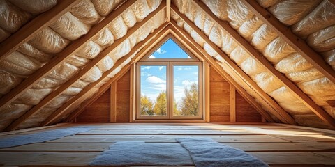 Empty attic with exposed insulation and wooden beams, triangular gable window framing blue sky and autumn treetops, warm sunlight filling the quiet, inviting space