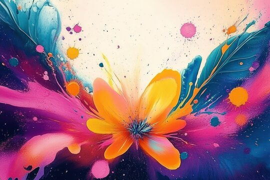 vibrant orange and pink abstract flower bloom with teal and blue paint splashes, colorful petals and energetic droplets radiating joy and motion