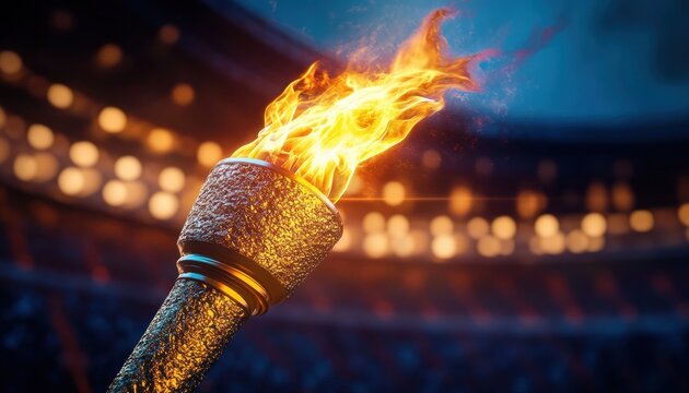 Close-up of a flaming ceremonial torch with bright fire in a packed stadium at night, conveying triumph, excitement and fiery energy