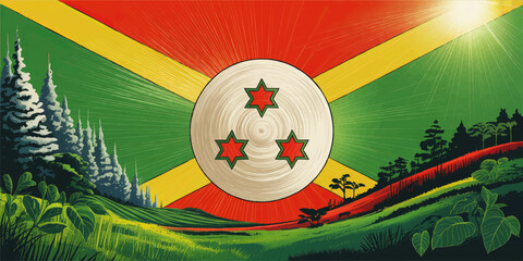 Vibrant Burundi flag landscape illustration with green hills, sunrise, abstract emblem and red stars, patriotic African nature art