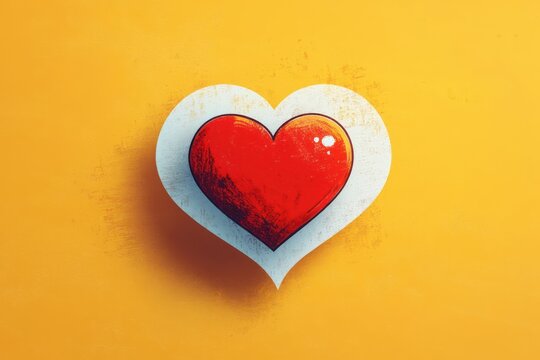 Glossy red heart nested inside a white heart cutout on a textured yellow background, casting a soft shadow and conveying warmth, affection and playful optimism