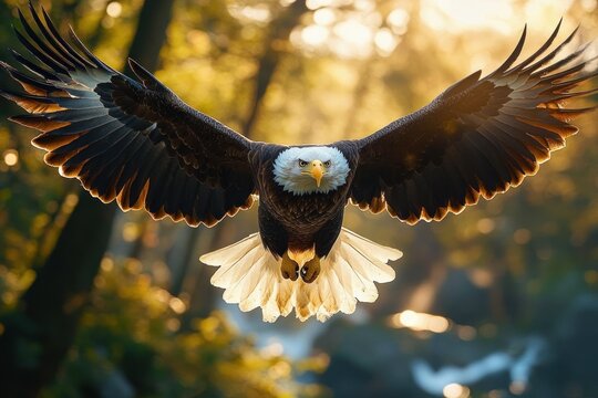 majestic bald eagle with outstretched wings and sharp talons soaring toward viewer over sunlit forest, intense focused gaze and powerful presence