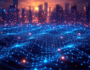 Obraz premium glowing blue digital mesh waves with connecting nodes in the foreground and a blurred illuminated city skyline at sunset, futuristic and electric atmosphere