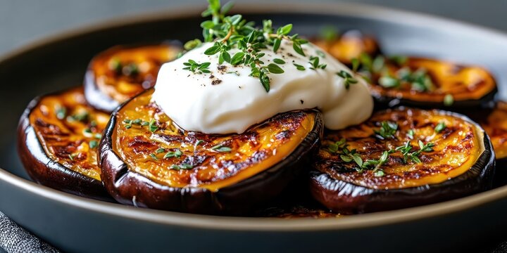 Caramelized roasted eggplant slices with creamy yogurt and fresh thyme on a dark plate, warm and appetizing