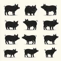 Fototapeta premium Twelve black pig silhouettes arranged in a three-by-four grid on a light background, playful charming retro farm animal illustration