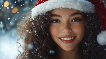 close-up of person wearing a red santa hat with snow-dusted curly hair, falling snow and warm bokeh lights conveying a cozy joyful festive winter mood