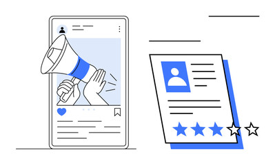 Megaphone in a social media post for communication and engagement, next to a customer review with star ratings. Ideal for marketing, advocacy, branding, feedback, outreach, influence transparency. A