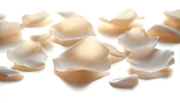 soft ivory rose petals scattered on a glowing white surface conveying a calm romantic and delicate mood