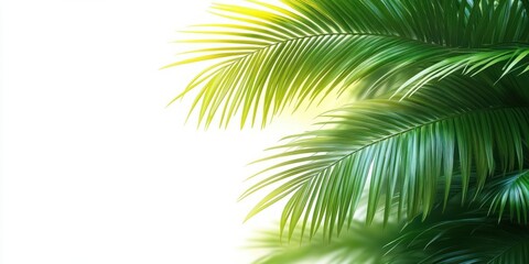 Fototapeta premium sunlit green palm leaves clustered in the corner against a bright white background, evoking tropical relaxation and fresh serenity