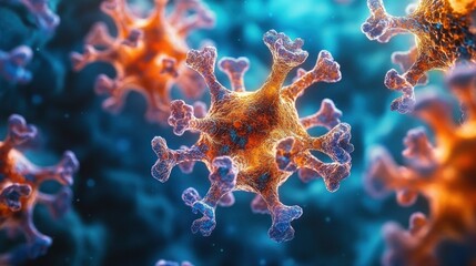 Close-up microscopic view of spiky orange spherical virus particles with textured surfaces floating in blue fluid, ominous and tense mood