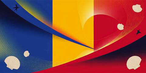 Abstract Romania flag colors with flowing waves, seashells and gradient curves, patriotic coastal summer background illustration