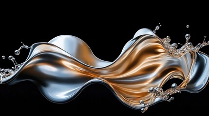 flowing silver and gold metallic liquid ribbon with dynamic splashes on black background, elegant futuristic motion