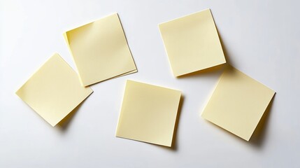 Five blank pale yellow adhesive notes arranged on a white surface with soft shadows, minimal calm composition suggesting readiness to plan and create