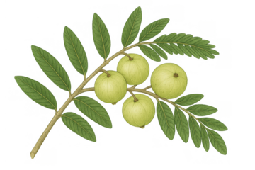 Indian gooseberry tree branch with amla fruits and green leaves, botanical illustration drawing on transparent background
