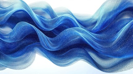 flowing blue ribbon waves of light and sparkling particles on a white background conveying serene fluid motion