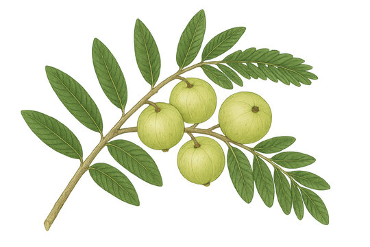 Indian gooseberry tree branch with amla fruits and green leaves, botanical illustration drawing on transparent background