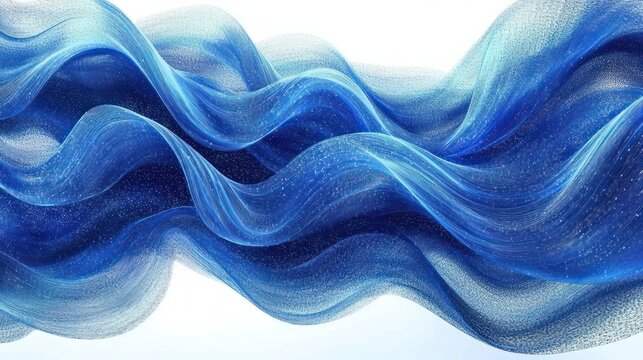 flowing blue ribbon waves of light and sparkling particles on a white background conveying serene fluid motion