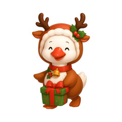 A goose dressed as a deer holding a gift