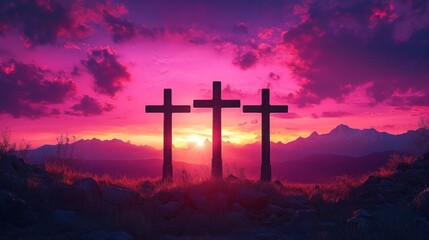 Three silhouetted crosses on a rocky hill at a vibrant pink and purple sunset with mountains beyond, evoking solemn hope and reverent calm