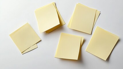 overhead view of six pale yellow sticky note pads scattered on a white surface conveying calm organization and minimalist workspace