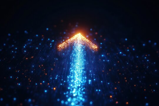 glowing upward arrow made of blue and orange particles on a dark background, digital light trail conveying motion, progress and optimistic futuristic energy