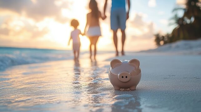 ceramic piggy bank on wet sandy beach at sunset with family holding hands walking toward the sea, palm trees and footprints conveying warm hopeful togetherness - Powered by Adobe