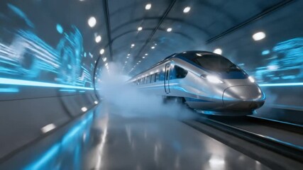 Futuristic high speed train moving fast inside modern illuminated tunnel - Powered by Adobe