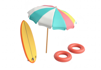 A beach scene featuring a colorful striped umbrella. a bright yellow surfboard. and two red inflatable rings. creating a perfect summer atmosphere for relaxation and fun by the water