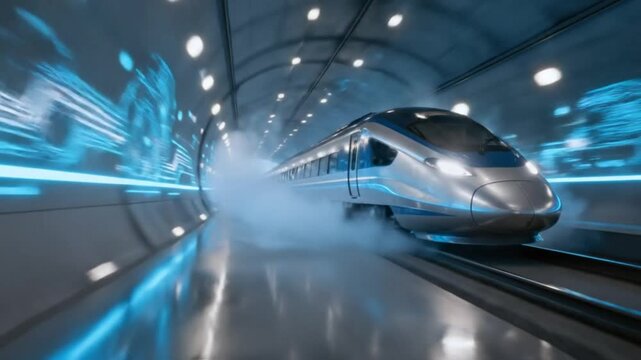 Futuristic high speed train moving fast inside modern illuminated tunnel