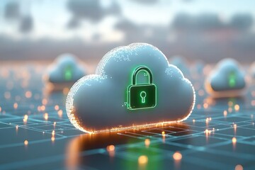 Glowing cloud with neon green padlock on a lit digital grid, blurred cloud icons and glowing nodes in the background, conveying security, protection, and trust