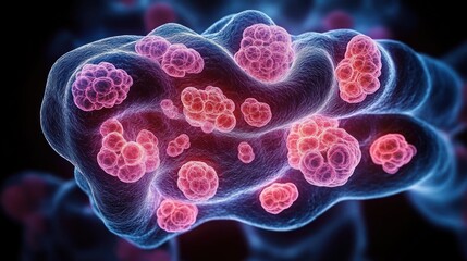 Microscopic view of pink cell clusters on blue organic tissue, 3D cellular structures suggesting menacing invasive growth and medical concern