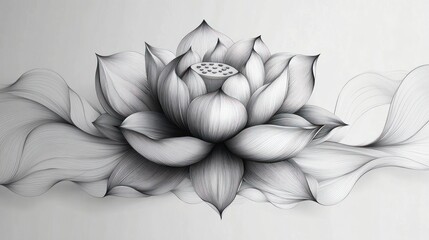 monochrome stylized lotus flower with layered linear petals and flowing ribbon-like waves, delicate fine lines conveying calmness and serenity